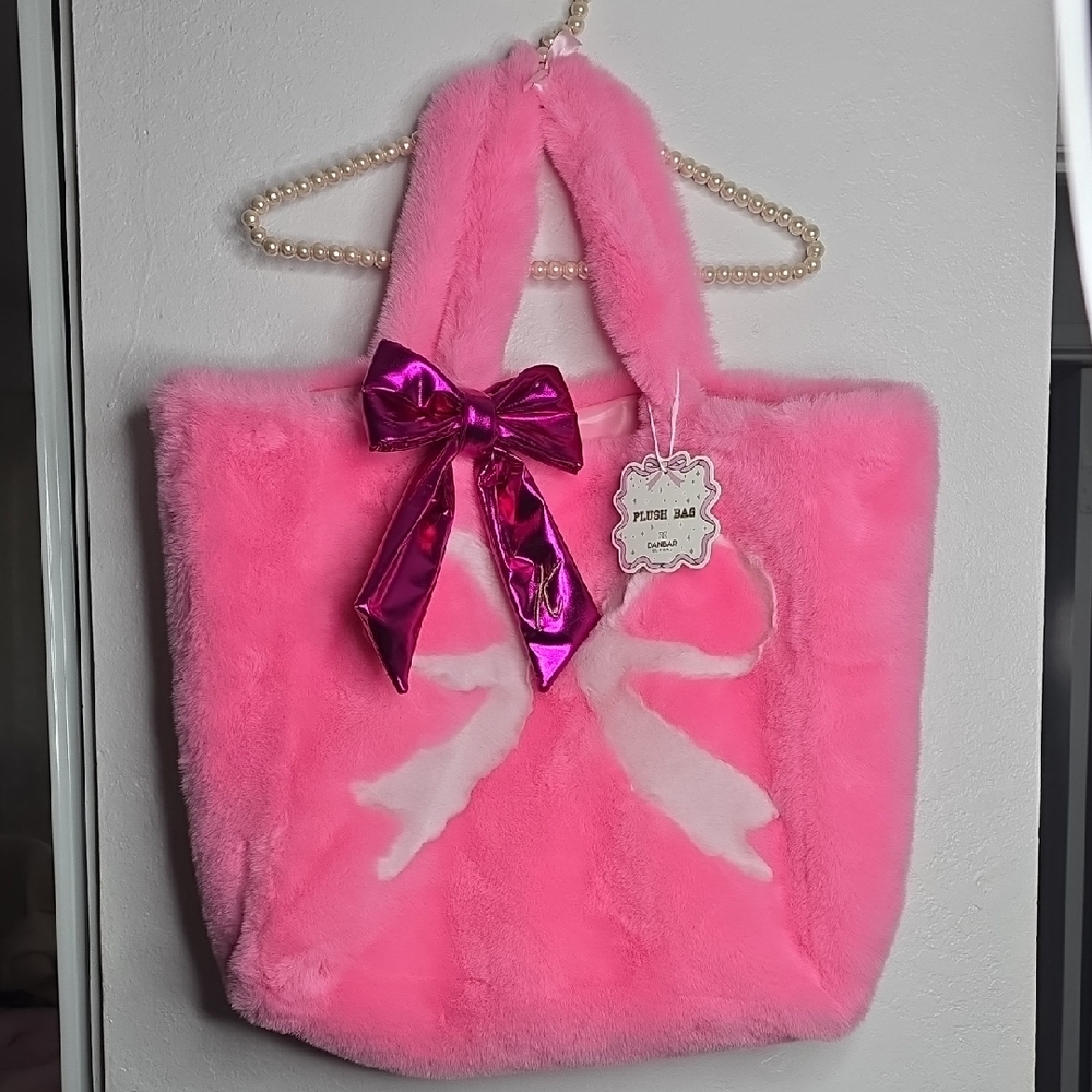Pink Faux Fur Tote Bag with Bow